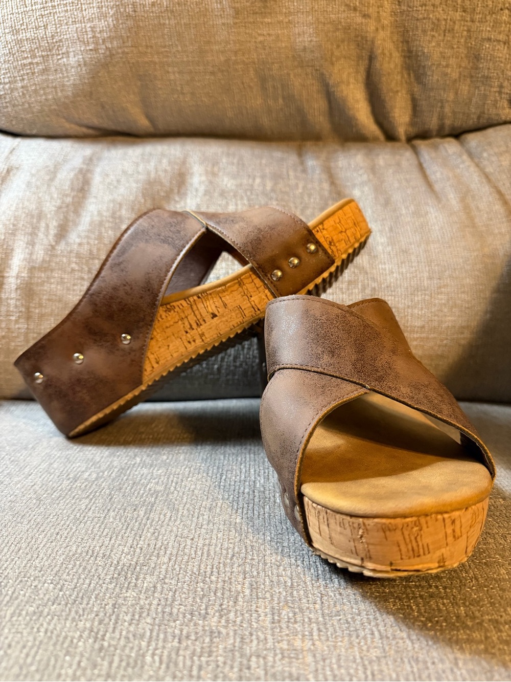 Women's Brown Cork Wedge Slide Sandals